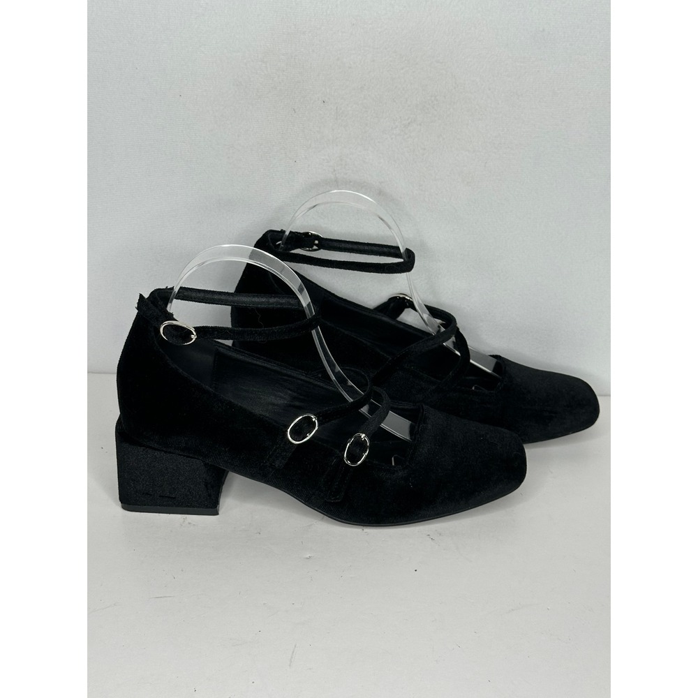 Black Velvet Triple Strap Mary Jane Square Toe Block Heel Pumps Size 39